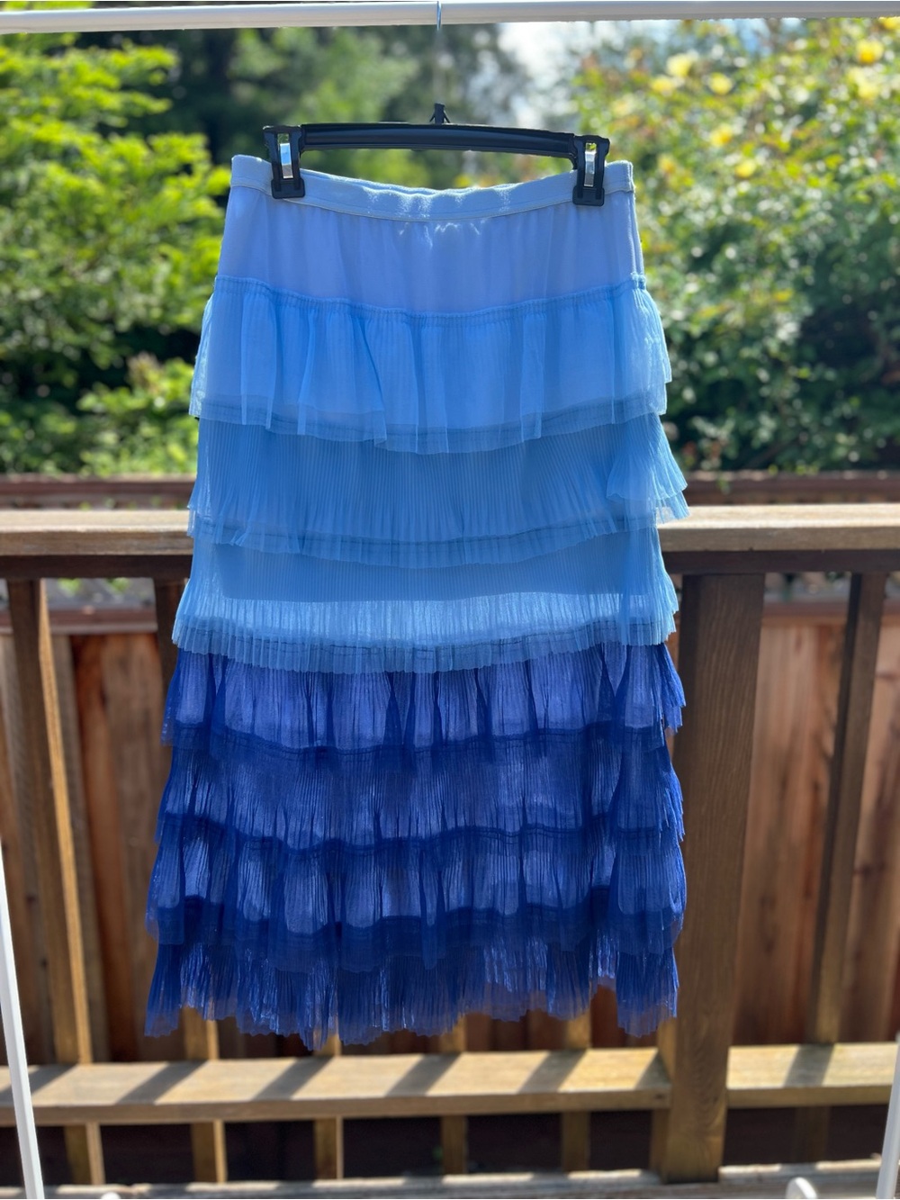 ochirly Tiered Ombre Blue Pleated Midi Skirt